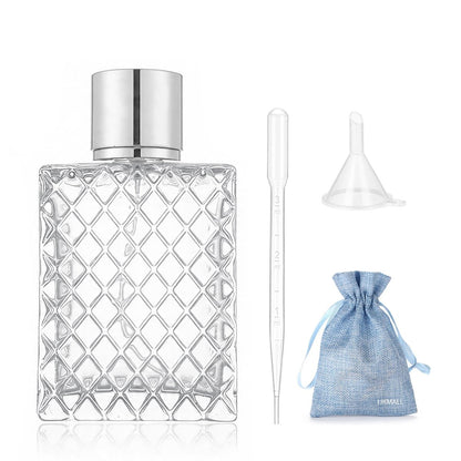 JJKMALL 100ml 3.4oz Glass Spray Bottles for Essential Oils, Perfumes - Empty Clear Mist Spray Bottle with Silver Aluminum Sprayer (1 Pack) + Funnel, Dropper & Gift Bag