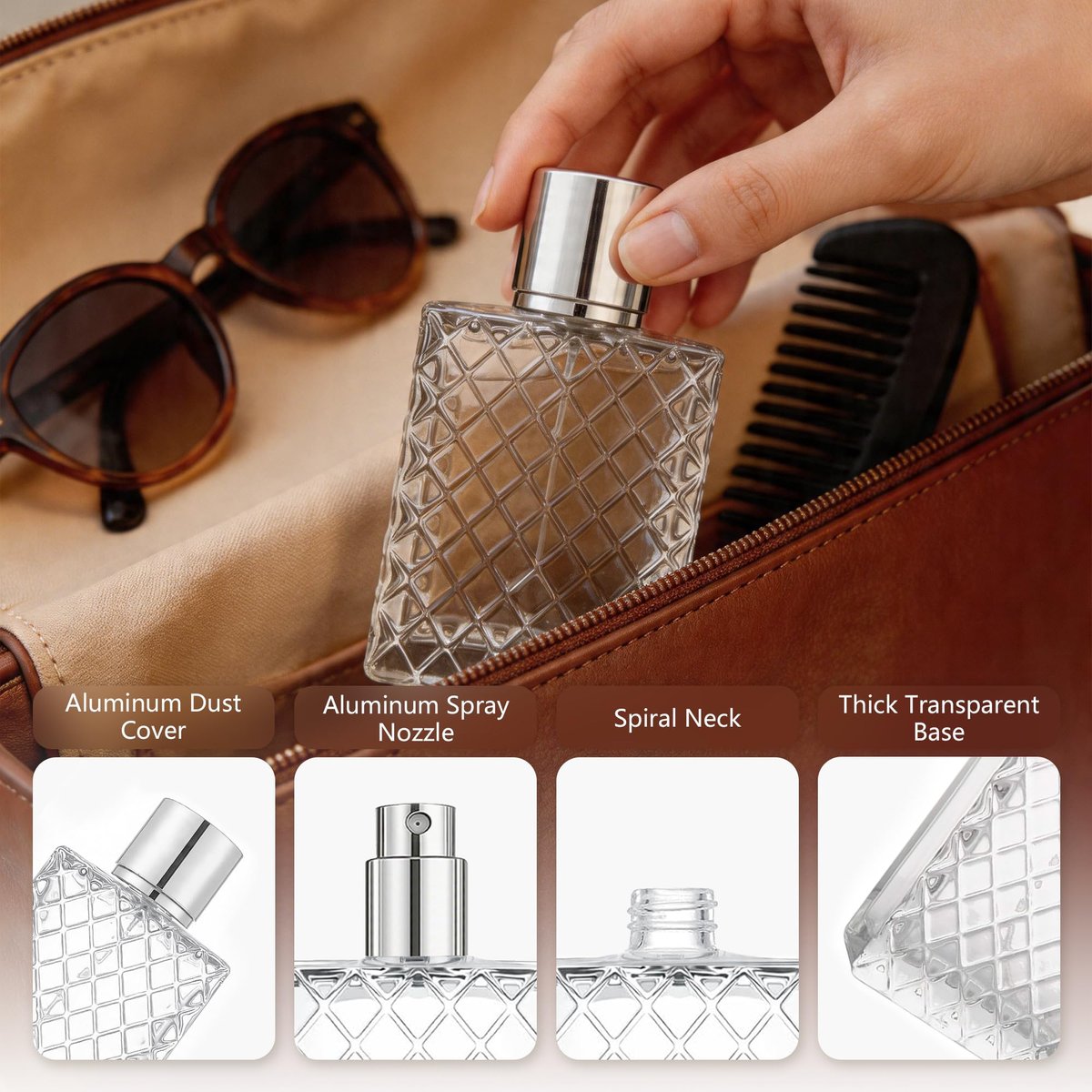 JJKMALL 100ml 3.4oz Glass Spray Bottles for Essential Oils, Perfumes - Empty Clear Mist Spray Bottle with Silver Aluminum Sprayer (1 Pack) + Funnel, Dropper & Gift Bag - görsel 5