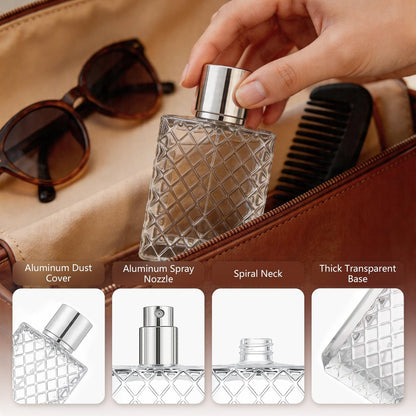 JJKMALL 100ml 3.4oz Glass Spray Bottles for Essential Oils, Perfumes - Empty Clear Mist Spray Bottle with Silver Aluminum Sprayer (1 Pack) + Funnel, Dropper & Gift Bag