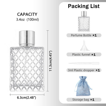 JJKMALL 100ml 3.4oz Glass Spray Bottles for Essential Oils, Perfumes - Empty Clear Mist Spray Bottle with Silver Aluminum Sprayer (1 Pack) + Funnel, Dropper & Gift Bag