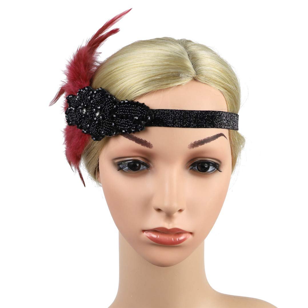 Vintage Feather 1920s Great Gatsby Flapper Headband - Wine Red - Lovfingu - görsel 7