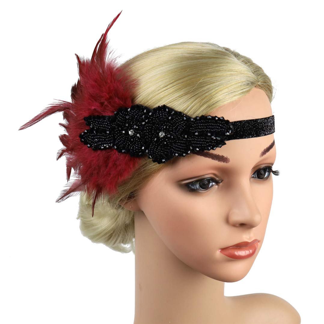 Vintage Feather 1920s Great Gatsby Flapper Headband - Wine Red - Lovfingu - görsel 3