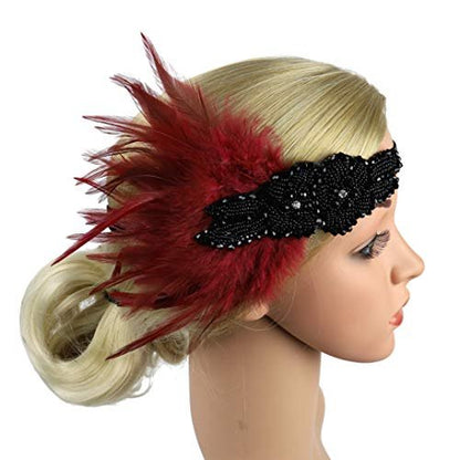 Vintage Feather 1920s Great Gatsby Flapper Headband - Wine Red - Lovfingu