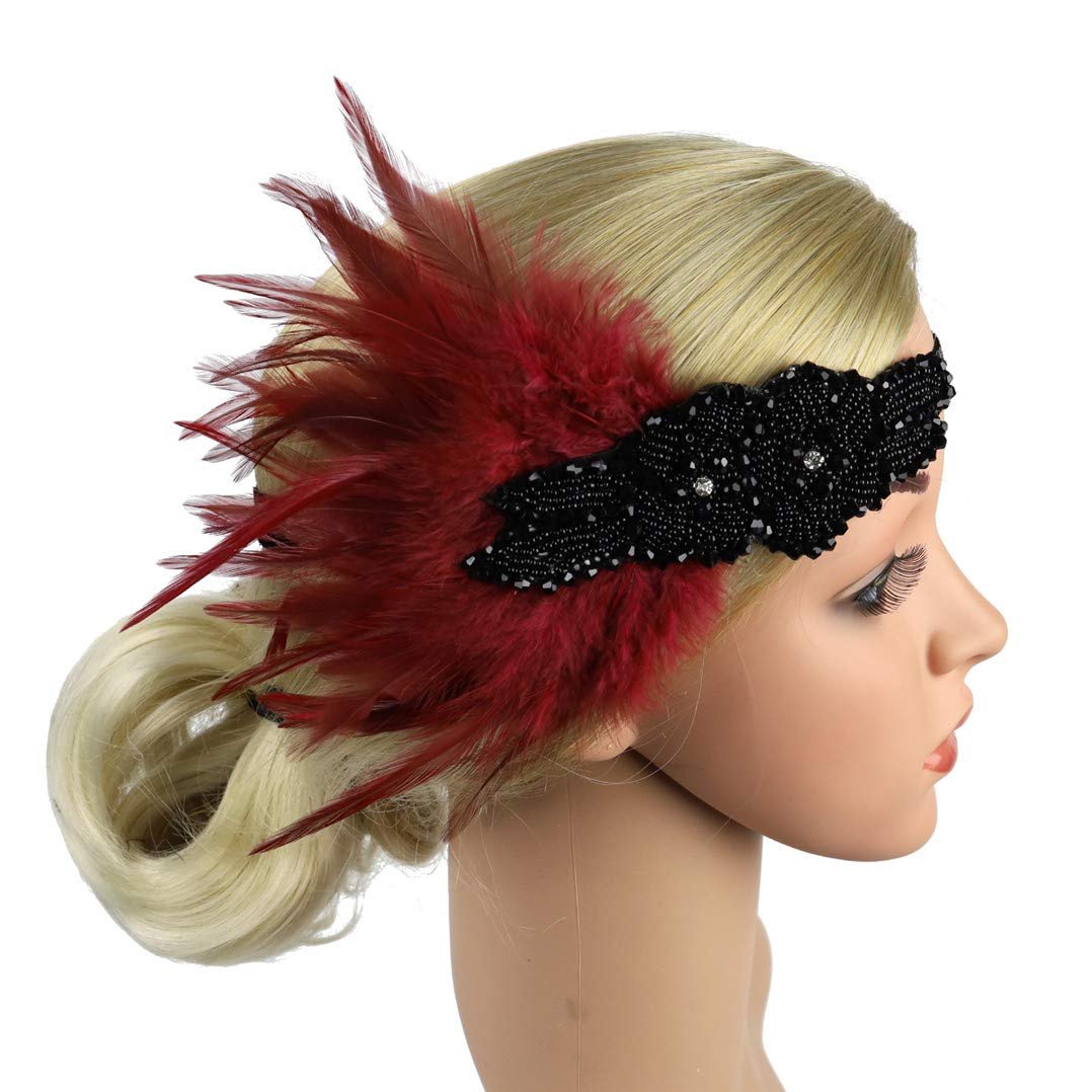Vintage Feather 1920s Great Gatsby Flapper Headband - Wine Red - Lovfingu - görsel 5