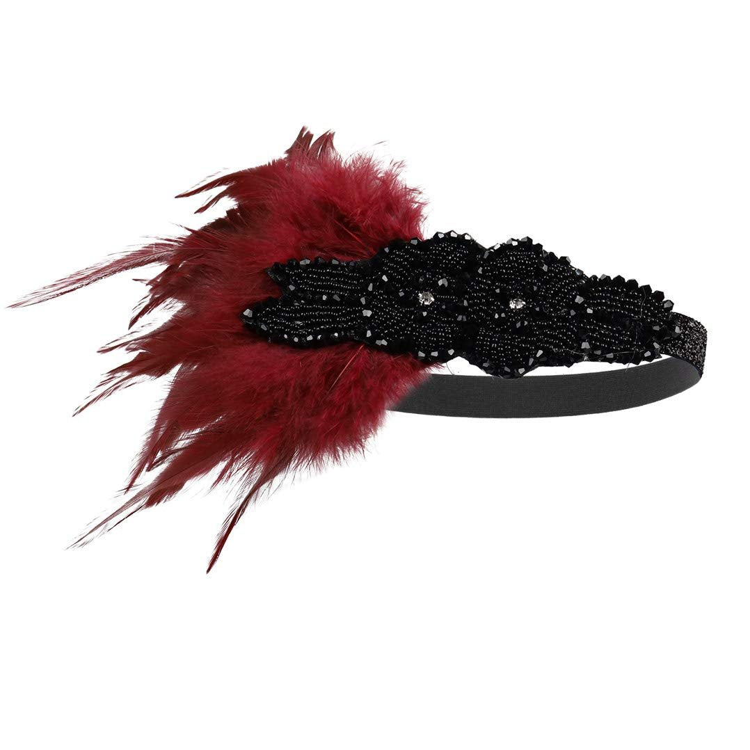 Vintage Feather 1920s Great Gatsby Flapper Headband - Wine Red - Lovfingu - görsel 1
