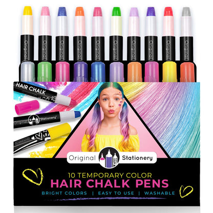 Original Stationery Hair Chalk Pens for Kids - 10-Pack Washable Temporary Hair Color Set with Metallic & Vibrant Shades Avelisse