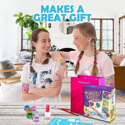 Original Stationery Glitter Tattoo Kit - 33-Piece Multicolor Set for Kids Ages 3-8 - Includes 24 Stencils, 6 Color Pots, 2 Brushes & Adhesive - Fun Sleepover Party Supplies & Birthday Gift Avelisse