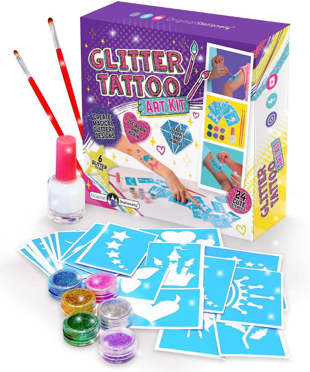 Original Stationery Glitter Tattoo Kit - 33-Piece Multicolor Set for Kids Ages 3-8 - Includes 24 Stencils, 6 Color Pots, 2 Brushes & Adhesive - Fun Sleepover Party Supplies & Birthday Gift Avelisse