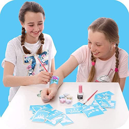 Original Stationery Glitter Tattoo Kit - 33-Piece Multicolor Set for Kids Ages 3-8 - Includes 24 Stencils, 6 Color Pots, 2 Brushes & Adhesive - Fun Sleepover Party Supplies & Birthday Gift Avelisse