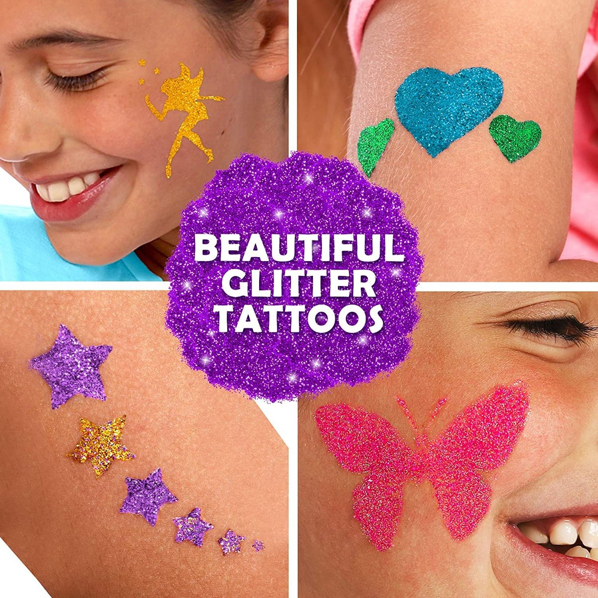 Original Stationery Glitter Tattoo Kit - 33-Piece Multicolor Set for Kids Ages 3-8 - Includes 24 Stencils, 6 Color Pots, 2 Brushes & Adhesive - Fun Sleepover Party Supplies & Birthday Gift Avelisse