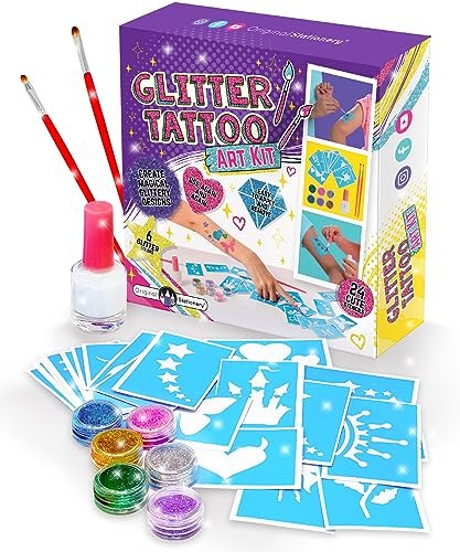 Original Stationery Glitter Tattoo Kit - 33-Piece Multicolor Set for Kids Ages 3-8 - Includes 24 Stencils, 6 Color Pots, 2 Brushes & Adhesive - Fun Sleepover Party Supplies & Birthday Gift Avelisse