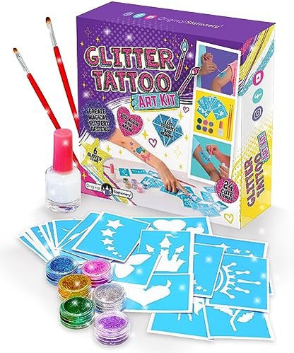 Original Stationery Glitter Tattoo Kit - 33-Piece Multicolor Set for Kids Ages 3-8 - Includes 24 Stencils, 6 Color Pots, 2 Brushes & Adhesive - Fun Sleepover Party Supplies & Birthday Gift Avelisse