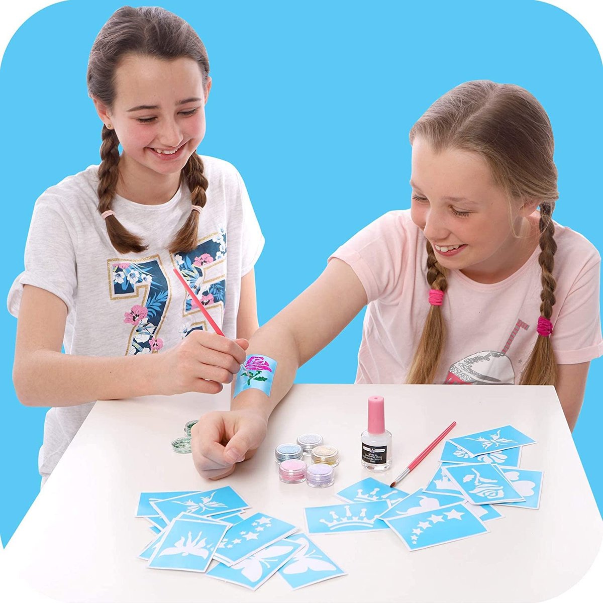 Original Stationery Glitter Tattoo Kit - 33-Piece Multicolor Set for Kids Ages 3-8 - Includes 24 Stencils, 6 Color Pots, 2 Brushes & Adhesive - Fun Sleepover Party Supplies & Birthday Gift Avelisse