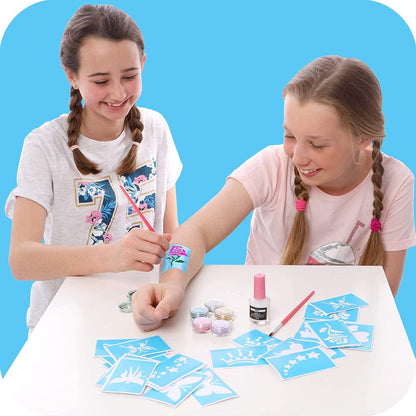 Original Stationery Glitter Tattoo Kit - 33-Piece Multicolor Set for Kids Ages 3-8 - Includes 24 Stencils, 6 Color Pots, 2 Brushes & Adhesive - Fun Sleepover Party Supplies & Birthday Gift Avelisse