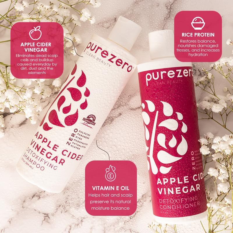 Purezero Apple Cider Vinegar Shampoo & Conditioner Set - Detox Scalp & Hair, pH Balanced, Hydrating, Zero Sulfates, Parabens, Dyes - Vegan & Cruelty Free for Color Treated Hair - 12 Fl Oz Each Avelisse