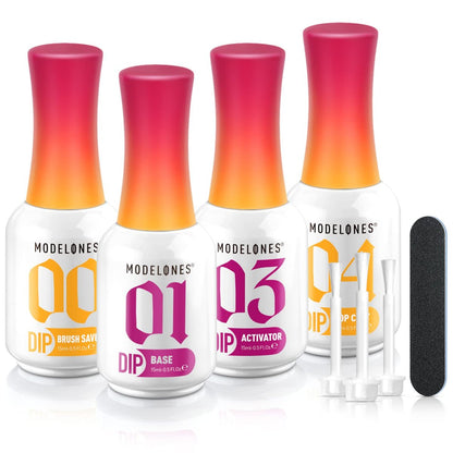 Modelones Dip Powder Liquid Set 4+4 Pcs - Complete Dip Powder System with Base Coat, Top Coat, Activator, Brush Saver & Manicure Tools for DIY Salon Nail Art (15ml/0.5oz)