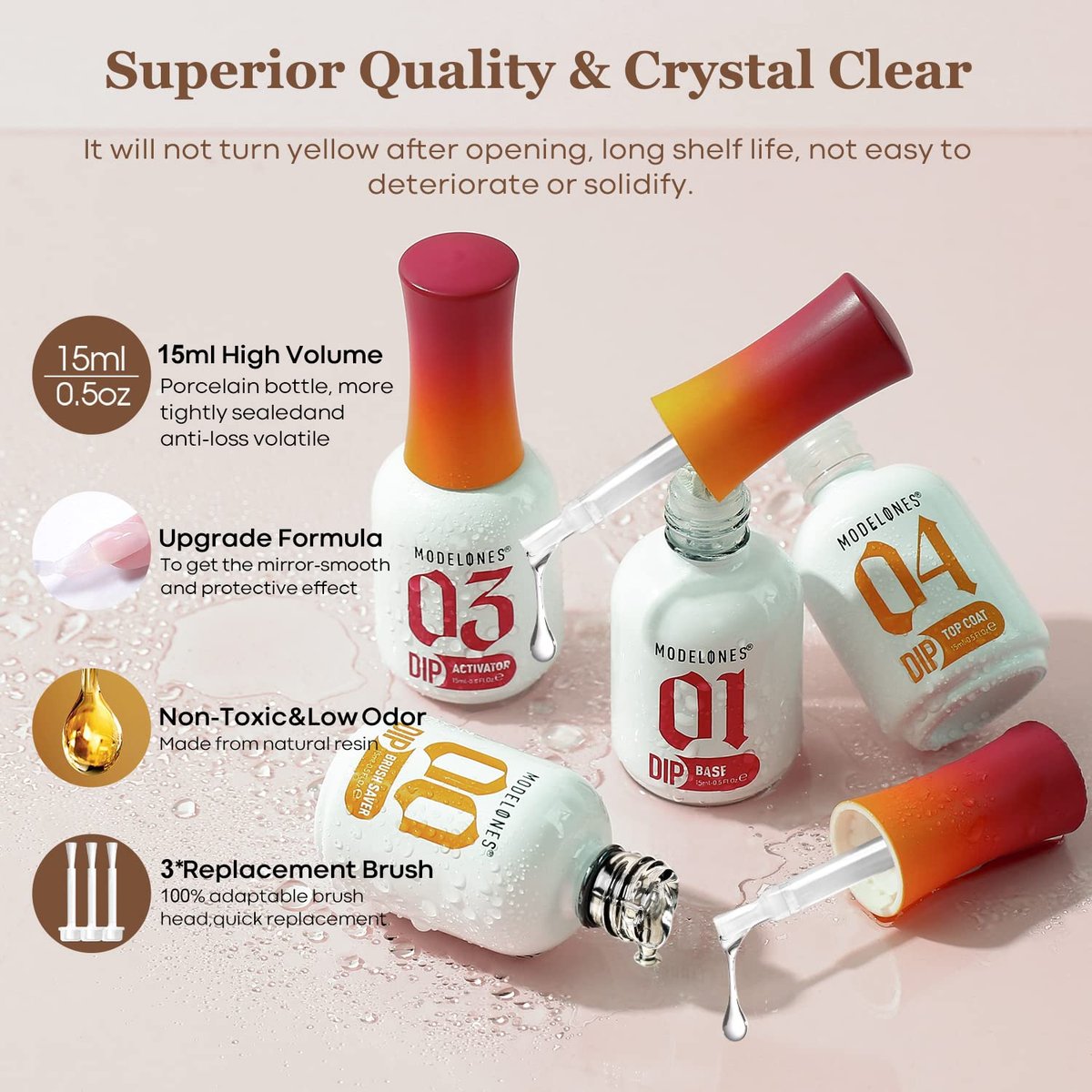 Modelones Dip Powder Liquid Set 4+4 Pcs - Complete Dip Powder System with Base Coat, Top Coat, Activator, Brush Saver & Manicure Tools for DIY Salon Nail Art (15ml/0.5oz) - görsel 7