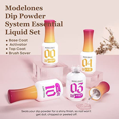 Modelones Dip Powder Liquid Set 4+4 Pcs - Complete Dip Powder System with Base Coat, Top Coat, Activator, Brush Saver & Manicure Tools for DIY Salon Nail Art (15ml/0.5oz)
