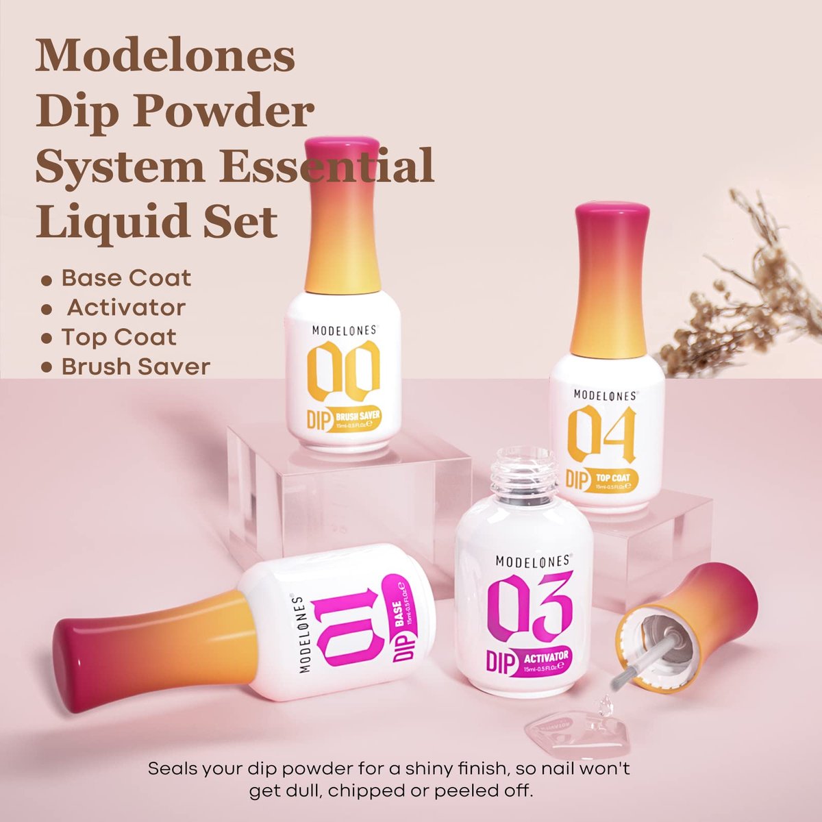 Modelones Dip Powder Liquid Set 4+4 Pcs - Complete Dip Powder System with Base Coat, Top Coat, Activator, Brush Saver & Manicure Tools for DIY Salon Nail Art (15ml/0.5oz) - görsel 3