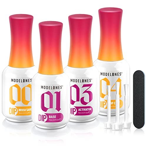 Modelones Dip Powder Liquid Set 4+4 Pcs - Complete Dip Powder System with Base Coat, Top Coat, Activator, Brush Saver & Manicure Tools for DIY Salon Nail Art (15ml/0.5oz) - görsel 2