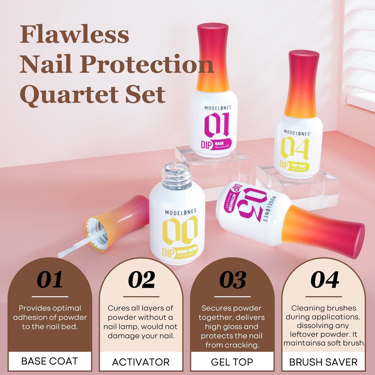 Modelones Dip Powder Liquid Set 4+4 Pcs - Complete Dip Powder System with Base Coat, Top Coat, Activator, Brush Saver & Manicure Tools for DIY Salon Nail Art (15ml/0.5oz) - görsel 9