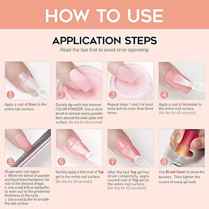 Modelones Dip Powder Liquid Set 4+4 Pcs - Complete Dip Powder System with Base Coat, Top Coat, Activator, Brush Saver & Manicure Tools for DIY Salon Nail Art (15ml/0.5oz)