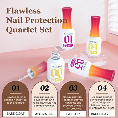 Modelones Dip Powder Liquid Set 4+4 Pcs - Complete Dip Powder System with Base Coat, Top Coat, Activator, Brush Saver & Manicure Tools for DIY Salon Nail Art (15ml/0.5oz) - görsel 10