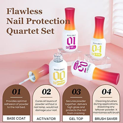 Modelones Dip Powder Liquid Set 4+4 Pcs - Complete Dip Powder System with Base Coat, Top Coat, Activator, Brush Saver & Manicure Tools for DIY Salon Nail Art (15ml/0.5oz)