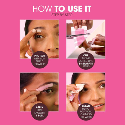Nad's Eyebrow Wax Strips - Facial Hair Removal for Women - Eyebrow Wax Kit with 6 Strips, 6 Calming Oil Wipes & Skin Protection Powder
