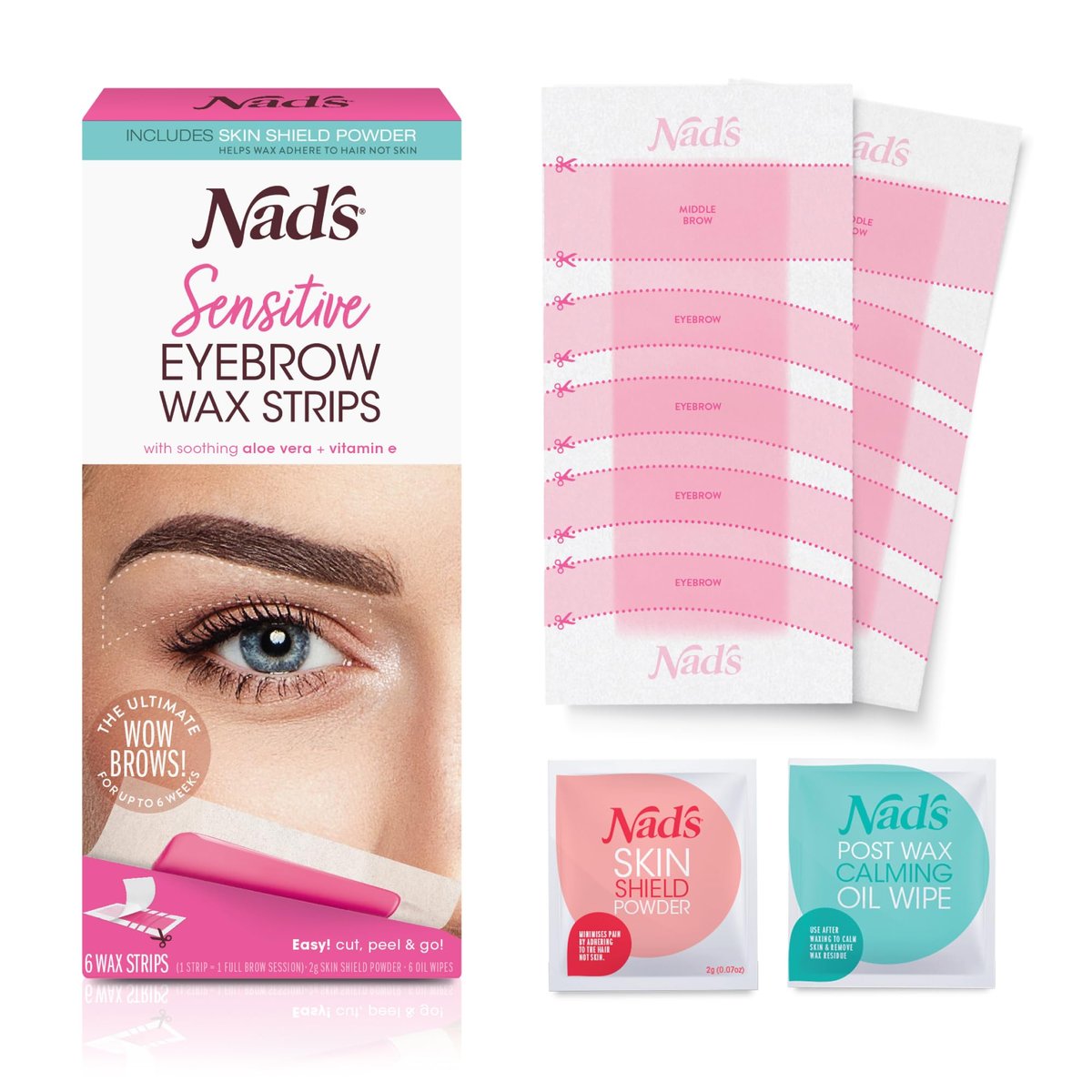 Nad's Eyebrow Wax Strips - Facial Hair Removal for Women - Eyebrow Wax Kit with 6 Strips, 6 Calming Oil Wipes & Skin Protection Powder - görsel 1