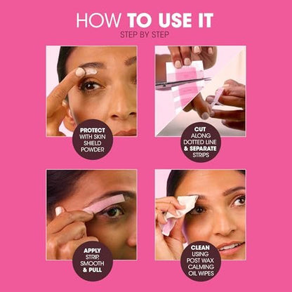 Nad's Eyebrow Wax Strips - Facial Hair Removal for Women - Eyebrow Wax Kit with 6 Strips, 6 Calming Oil Wipes & Skin Protection Powder