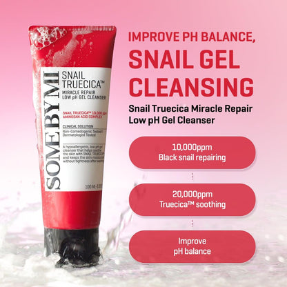 SOME BY MI Snail Truecica Miracle Repair Low pH Gel Cleanser - Gentle Daily Face Wash with Snail Mucin for Sensitive Skin, 3.38 oz (100ml) - Korean Skincare Avelisse