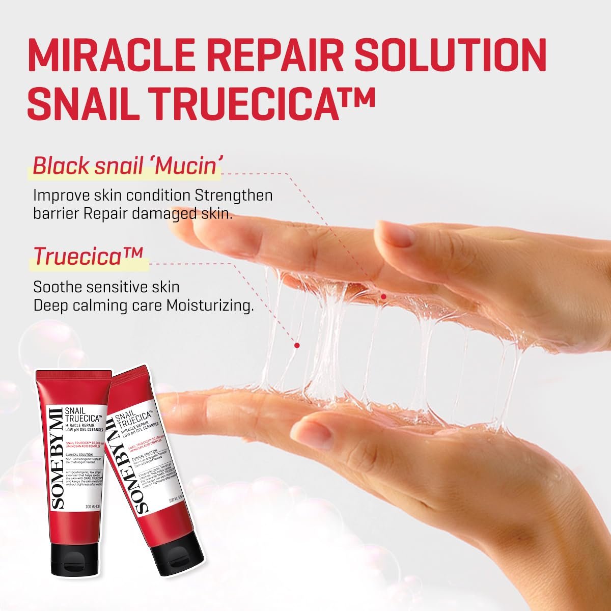 SOME BY MI Snail Truecica Miracle Repair Low pH Gel Cleanser - Gentle Daily Face Wash with Snail Mucin for Sensitive Skin, 3.38 oz (100ml) - Korean Skincare Avelisse