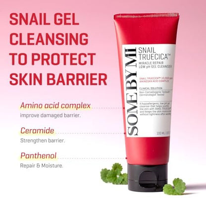 SOME BY MI Snail Truecica Miracle Repair Low pH Gel Cleanser - Gentle Daily Face Wash with Snail Mucin for Sensitive Skin, 3.38 oz (100ml) - Korean Skincare Avelisse