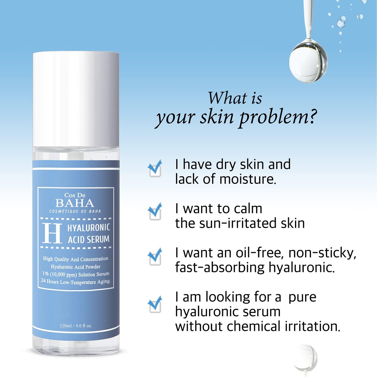 Cos De BAHA Hyaluronic Serum 4 Fl Oz – Pure Sodium Hyaluronate 10,000 ppm Hydrating Face Serum for Dry & Dehydrated Skin – Lightweight Fragrance-Free Korean Skincare Formula (120 ml) Avelisse