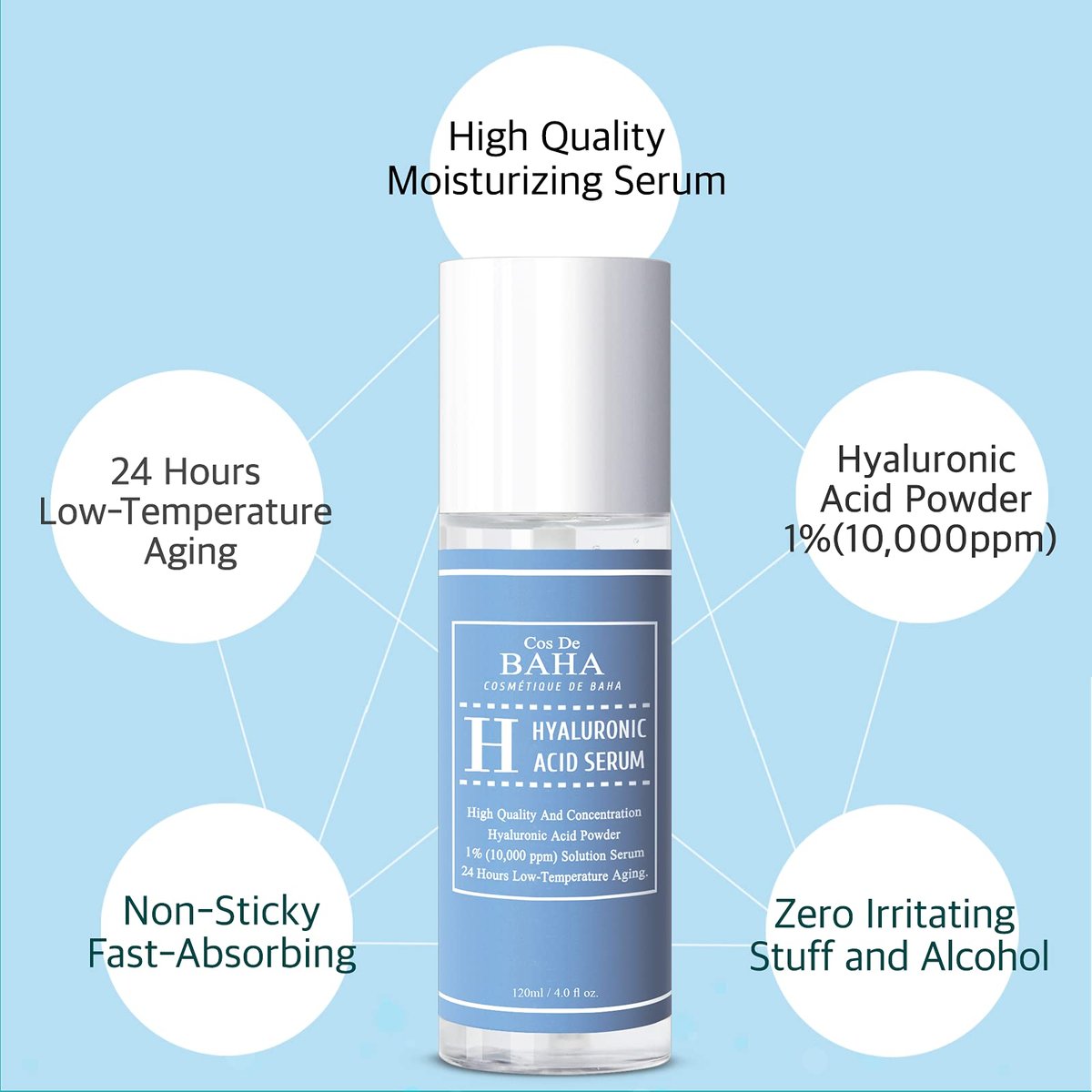 Cos De BAHA Hyaluronic Serum 4 Fl Oz – Pure Sodium Hyaluronate 10,000 ppm Hydrating Face Serum for Dry & Dehydrated Skin – Lightweight Fragrance-Free Korean Skincare Formula (120 ml) Avelisse