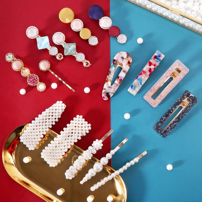28 PCS Hingwah Pearls and Acrylic Resin Hair Clips - Handmade Marble Alligator Bobby Pins, Glitter Crystal Geometric Hairpin, Elegant Gold Hair Accessories for Women Girls