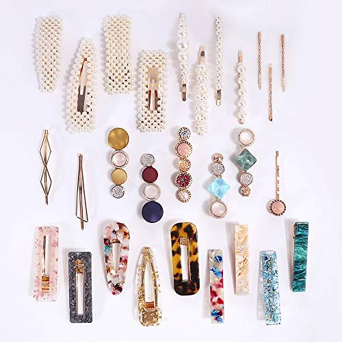 28 PCS Hingwah Pearls and Acrylic Resin Hair Clips - Handmade Marble Alligator Bobby Pins, Glitter Crystal Geometric Hairpin, Elegant Gold Hair Accessories for Women Girls - görsel 15