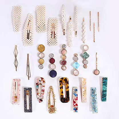 28 PCS Hingwah Pearls and Acrylic Resin Hair Clips - Handmade Marble Alligator Bobby Pins, Glitter Crystal Geometric Hairpin, Elegant Gold Hair Accessories for Women Girls