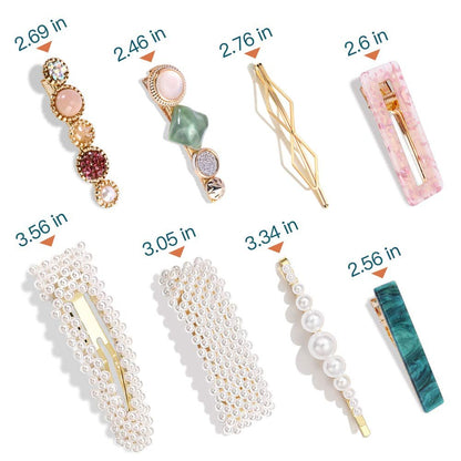 28 PCS Hingwah Pearls and Acrylic Resin Hair Clips - Handmade Marble Alligator Bobby Pins, Glitter Crystal Geometric Hairpin, Elegant Gold Hair Accessories for Women Girls