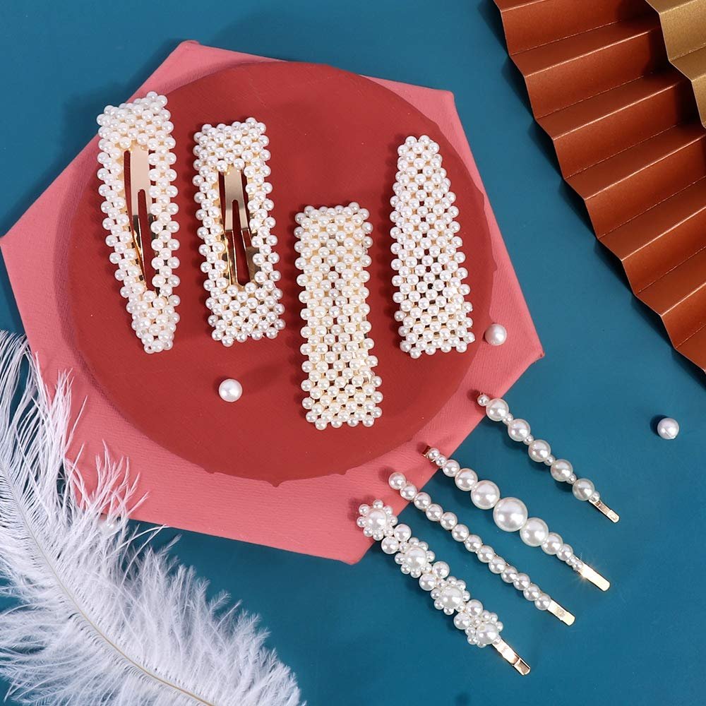 28 PCS Hingwah Pearls and Acrylic Resin Hair Clips - Handmade Marble Alligator Bobby Pins, Glitter Crystal Geometric Hairpin, Elegant Gold Hair Accessories for Women Girls - görsel 12