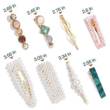 28 PCS Hingwah Pearls and Acrylic Resin Hair Clips - Handmade Marble Alligator Bobby Pins, Glitter Crystal Geometric Hairpin, Elegant Gold Hair Accessories for Women Girls
