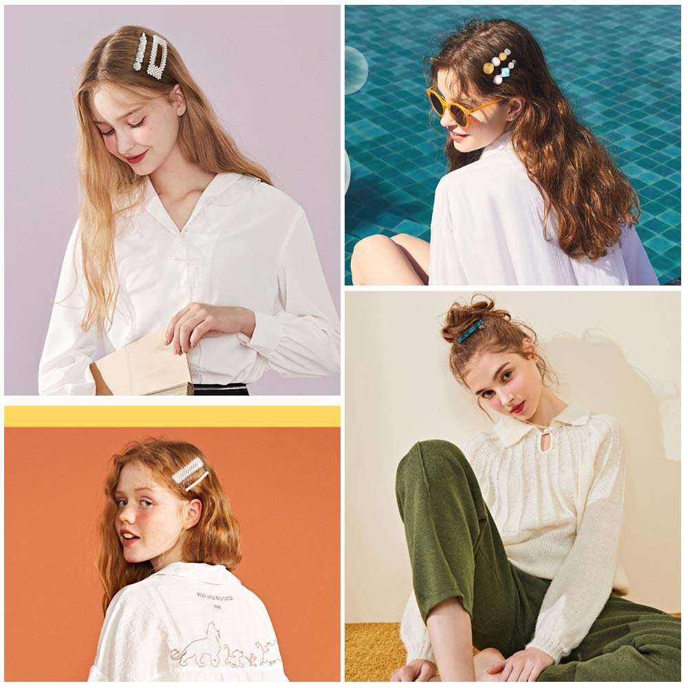 28 PCS Hingwah Pearls and Acrylic Resin Hair Clips - Handmade Marble Alligator Bobby Pins, Glitter Crystal Geometric Hairpin, Elegant Gold Hair Accessories for Women Girls - görsel 8