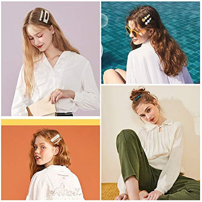 28 PCS Hingwah Pearls and Acrylic Resin Hair Clips - Handmade Marble Alligator Bobby Pins, Glitter Crystal Geometric Hairpin, Elegant Gold Hair Accessories for Women Girls
