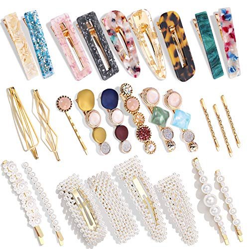 28 PCS Hingwah Pearls and Acrylic Resin Hair Clips - Handmade Marble Alligator Bobby Pins, Glitter Crystal Geometric Hairpin, Elegant Gold Hair Accessories for Women Girls - görsel 1