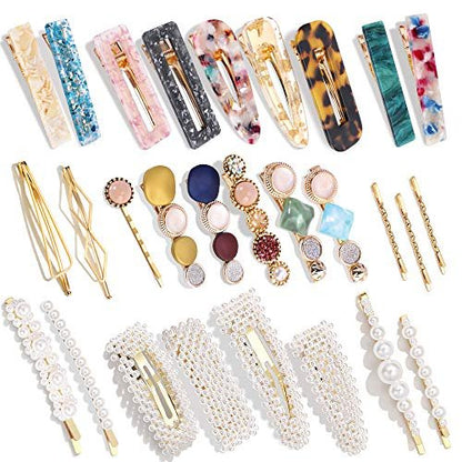 28 PCS Hingwah Pearls and Acrylic Resin Hair Clips - Handmade Marble Alligator Bobby Pins, Glitter Crystal Geometric Hairpin, Elegant Gold Hair Accessories for Women Girls