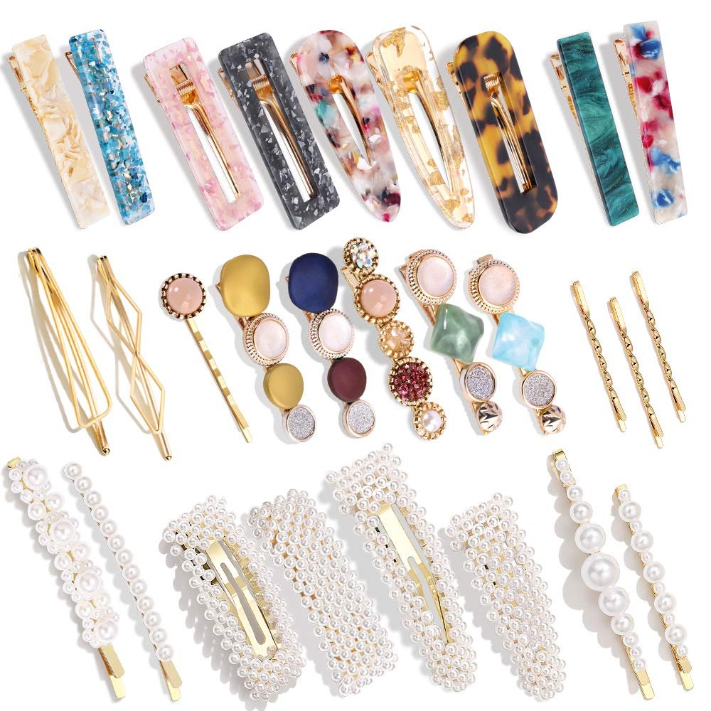 28 PCS Hingwah Pearls and Acrylic Resin Hair Clips - Handmade Marble Alligator Bobby Pins, Glitter Crystal Geometric Hairpin, Elegant Gold Hair Accessories for Women Girls - görsel 2