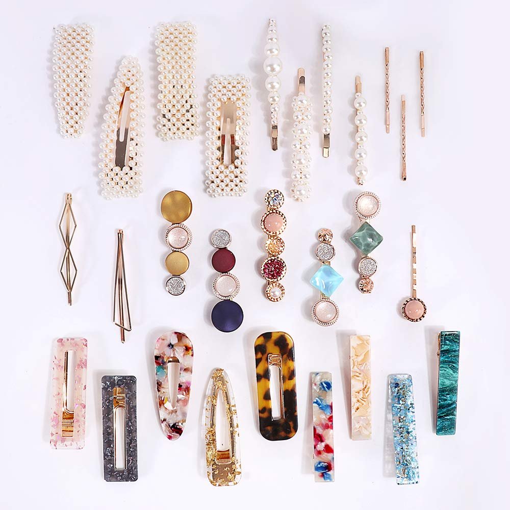 28 PCS Hingwah Pearls and Acrylic Resin Hair Clips - Handmade Marble Alligator Bobby Pins, Glitter Crystal Geometric Hairpin, Elegant Gold Hair Accessories for Women Girls - görsel 16