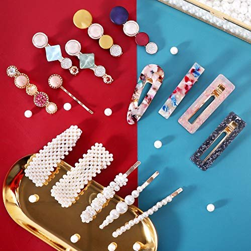 28 PCS Hingwah Pearls and Acrylic Resin Hair Clips - Handmade Marble Alligator Bobby Pins, Glitter Crystal Geometric Hairpin, Elegant Gold Hair Accessories for Women Girls - görsel 3