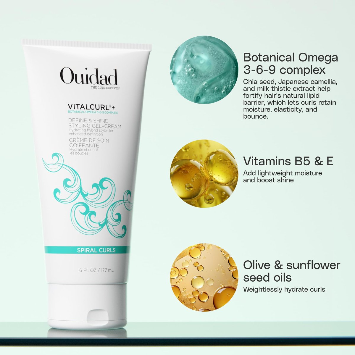 Ouidad VitalCurl+ Define & Shine Styling Gel Cream for Curly Hair, 6 oz Avelisse